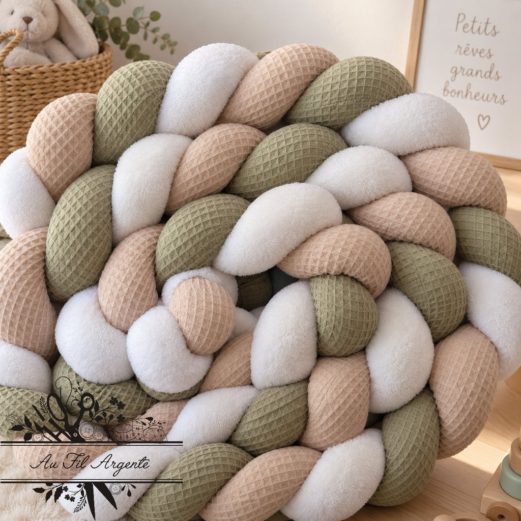 Tresse de lit en 3 épis beige blanc vert kaki 