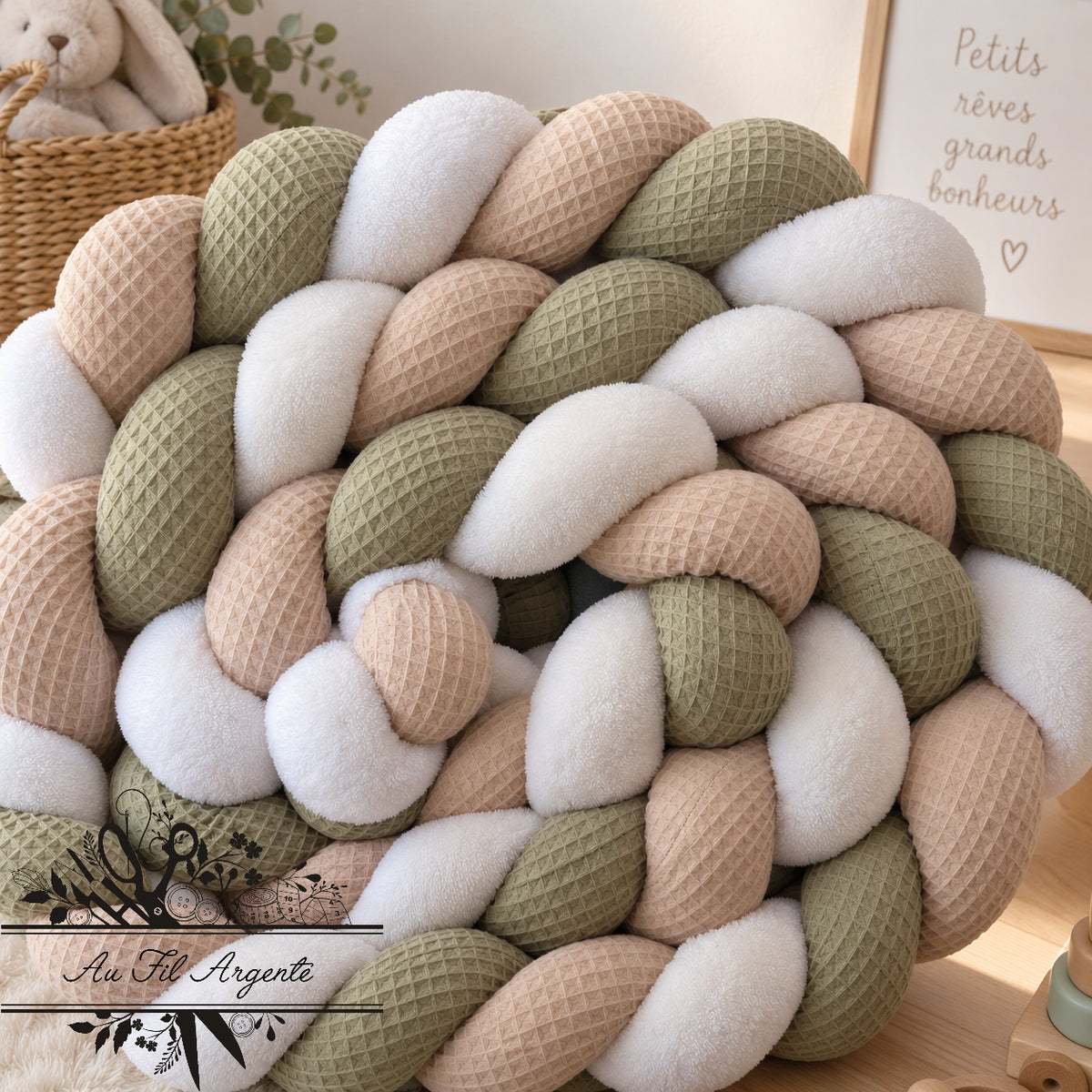 Tresse de lit en 3 épis beige blanc vert kaki 