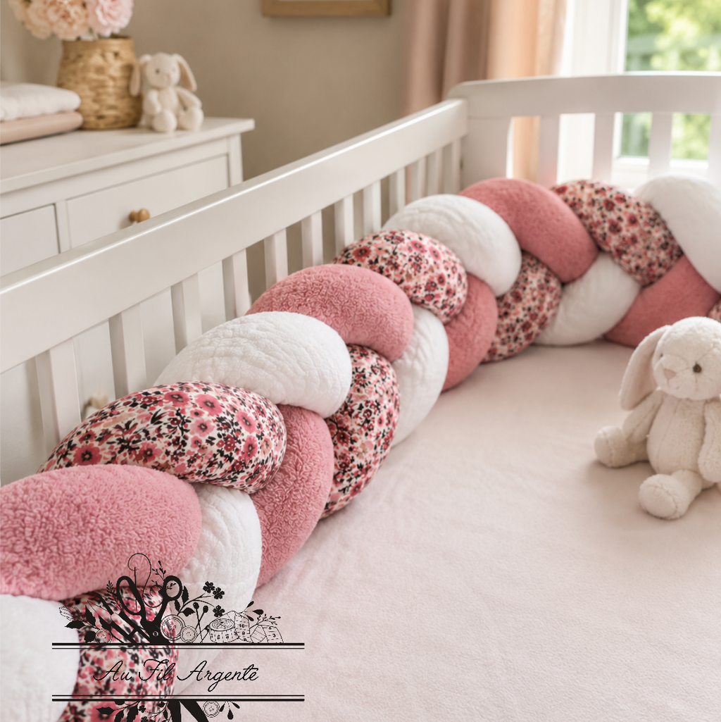 Tresse de lit en 3 épis - Fleurie Poppy / Blanc & Rose