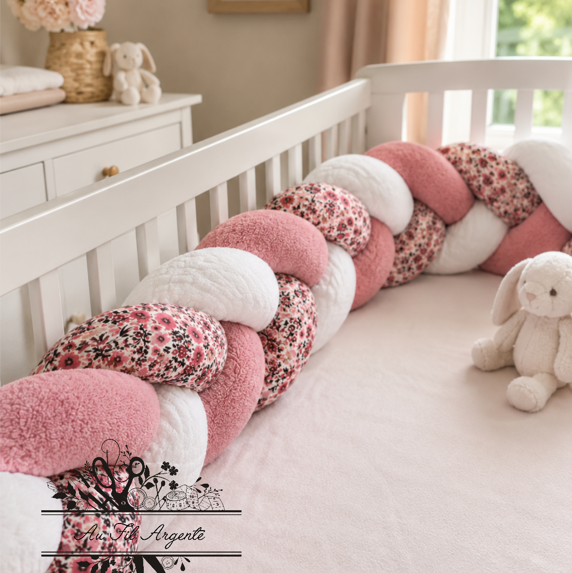Tresse de lit en 3 épis - Fleurie Poppy / Blanc & Rose