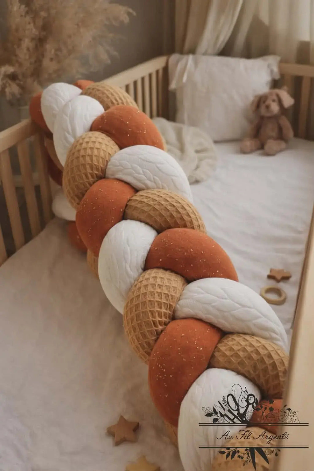 Tresse de lit en 3 épis - Terracotta & Blanc & Camel