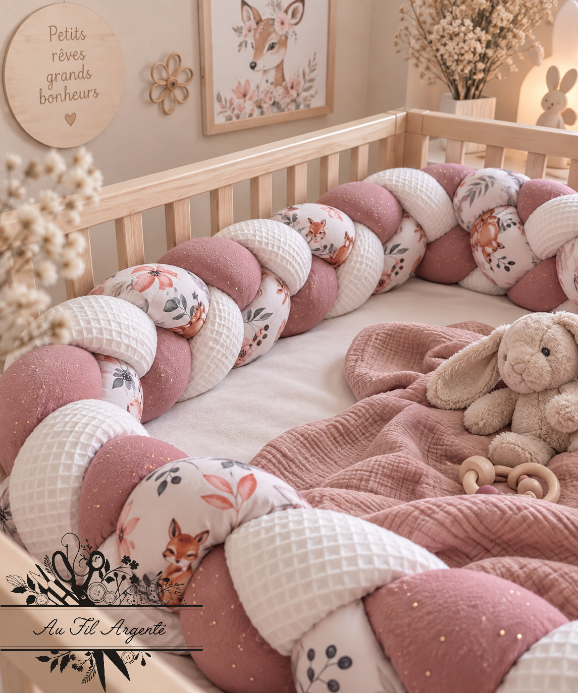 Tresse de lit en 3 épis biche blanc et rose 