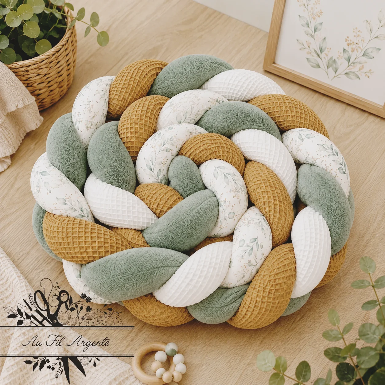 
Tresse de lit en 4 épis Jardin vert / Blanc & Camel & Vert