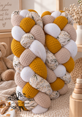 Tresse de lit fine en 4 épis fleurs mimosa moutarde beige et blanc 