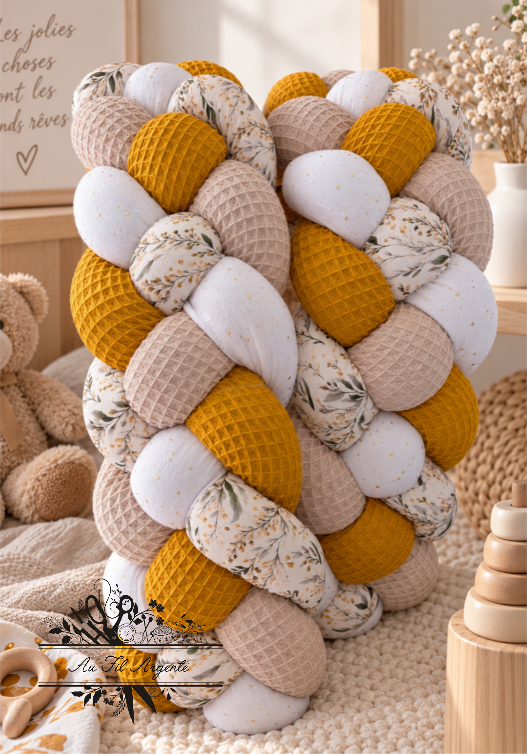 Tresse de lit fine en 4 épis fleurs mimosa moutarde beige et blanc 