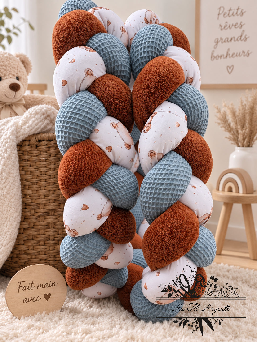 Tresse de lit en 3 épis thème ourson bleu et marron 