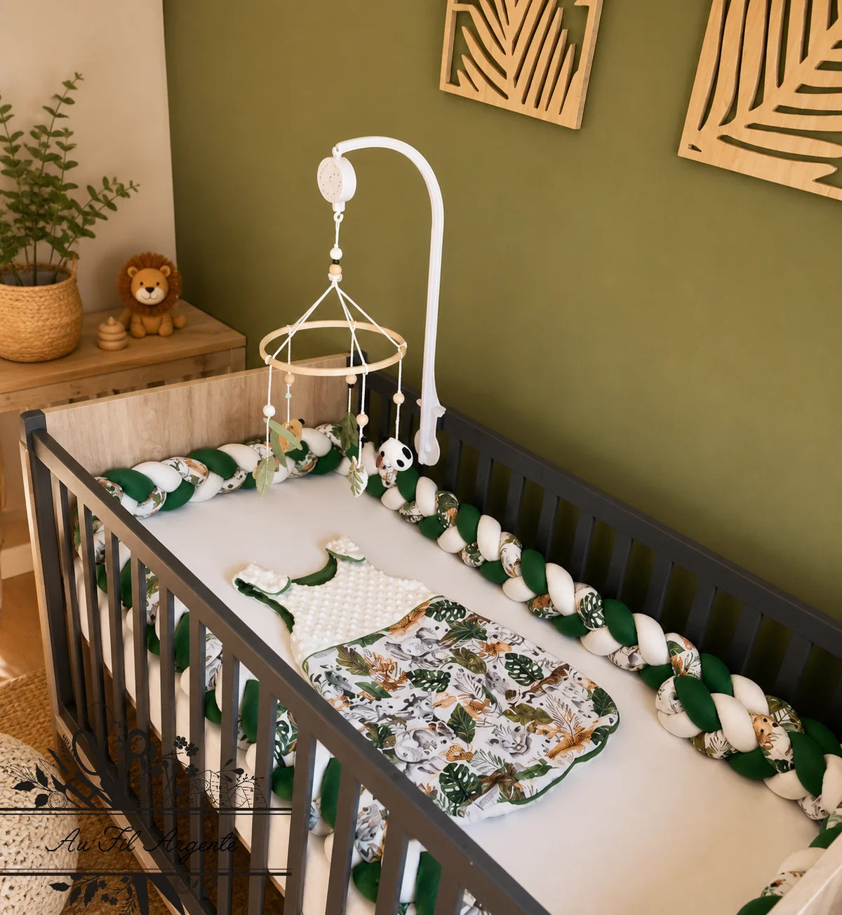 Tresse de lit personnalisée motif Safari blanc et vert