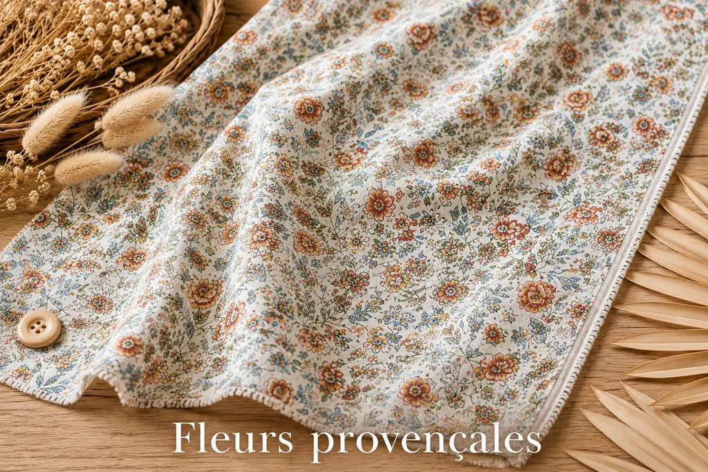 Tresse de lit en 4 épis - Fleurs provençales / Moutarde & Blanc & Bleu
