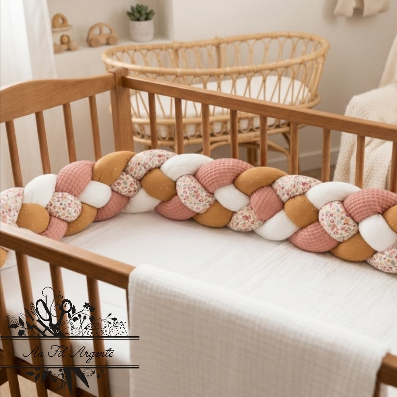 Tresse de lit en 4 épis - Alice / Marsala & Blanc & Camel