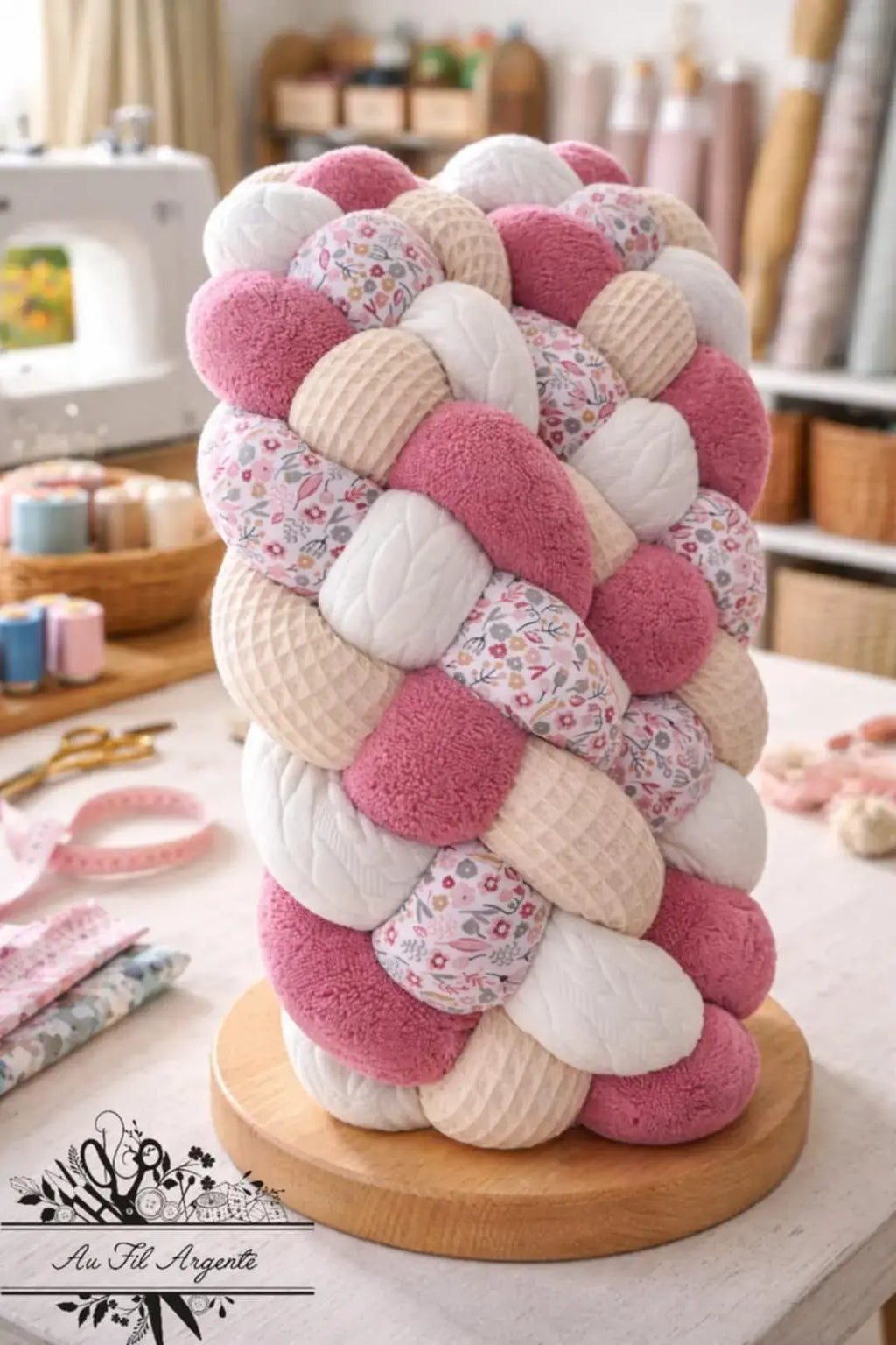 Tresse de lit en 4 épis Fleurie Alice / Blanc & Rose & Beige