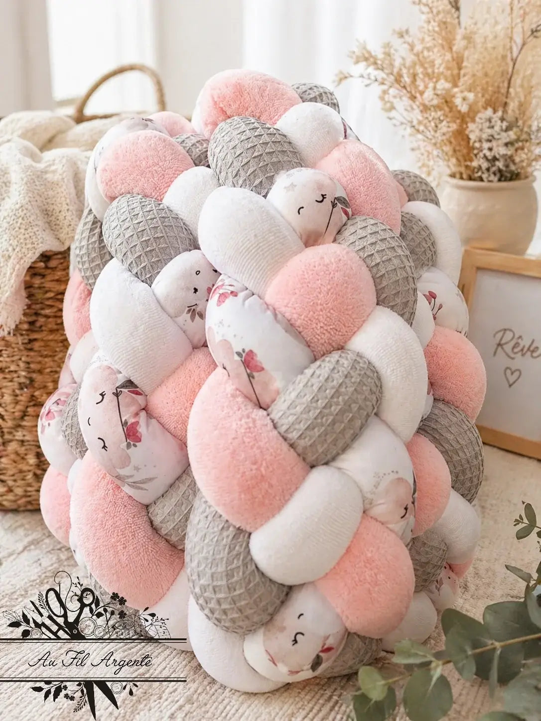 Tresse de lit en 4 épis Motif / Blanc & Rose & Gris