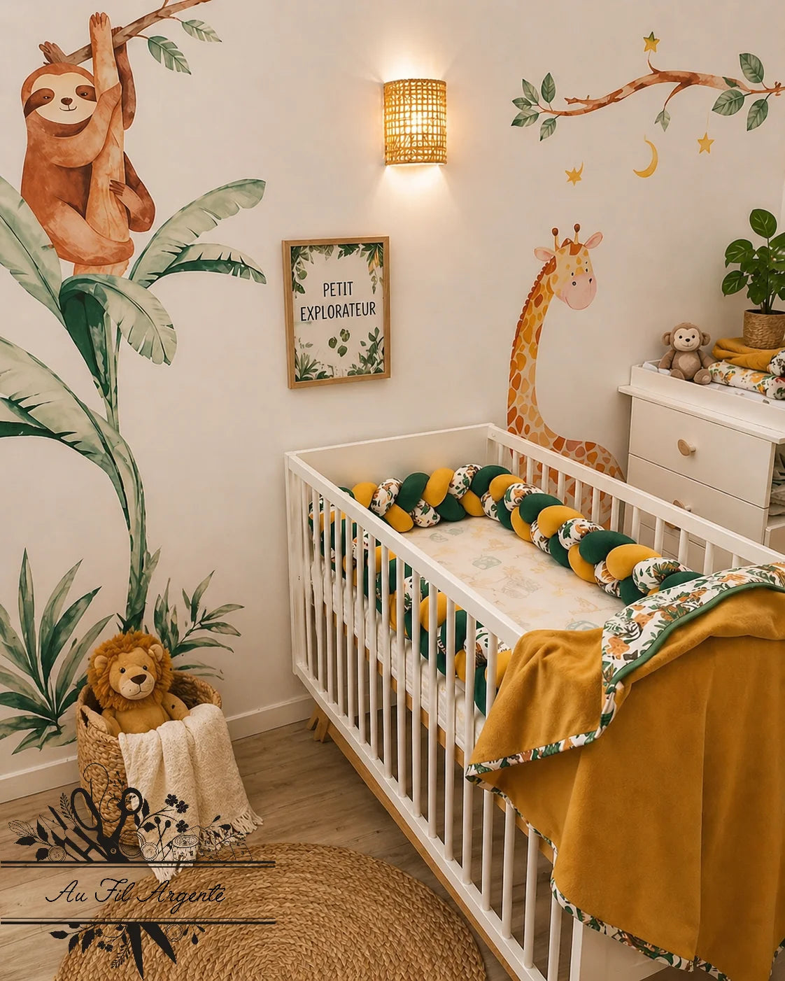 Tresse de lit en 3 épis - Jungle Blanche / Vert & Moutarde