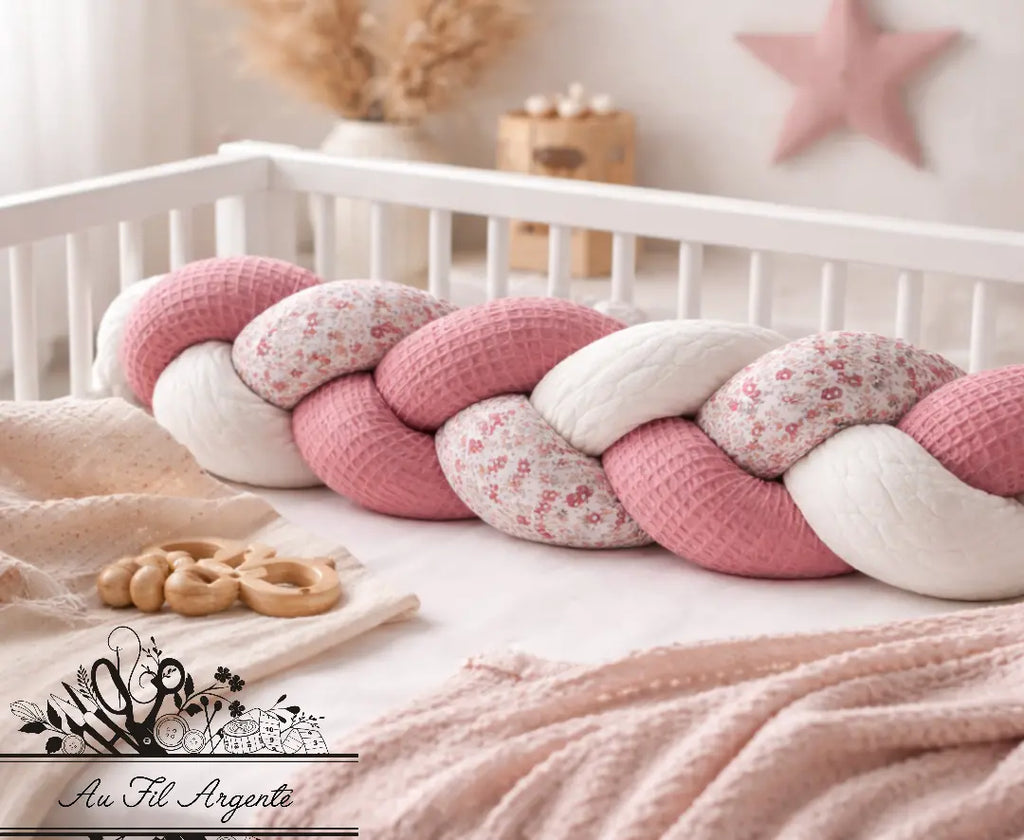 Tresse de lit en 3 épis - Fleurie Alice / Blanc & Rose