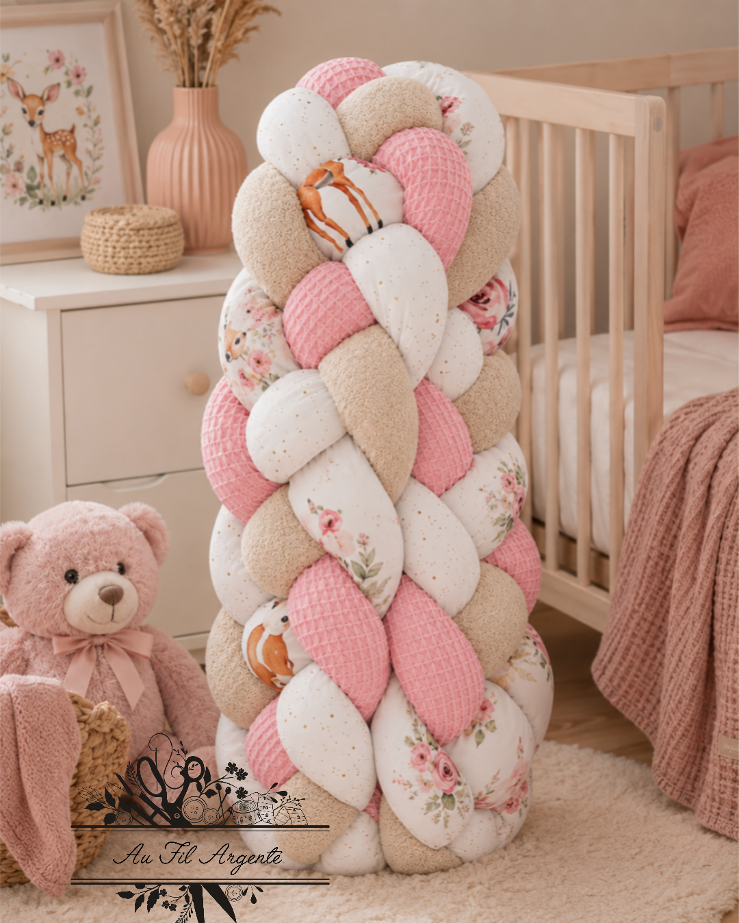 Tresse de lit en 4 épis Biche / Beige & Rose & Blanc