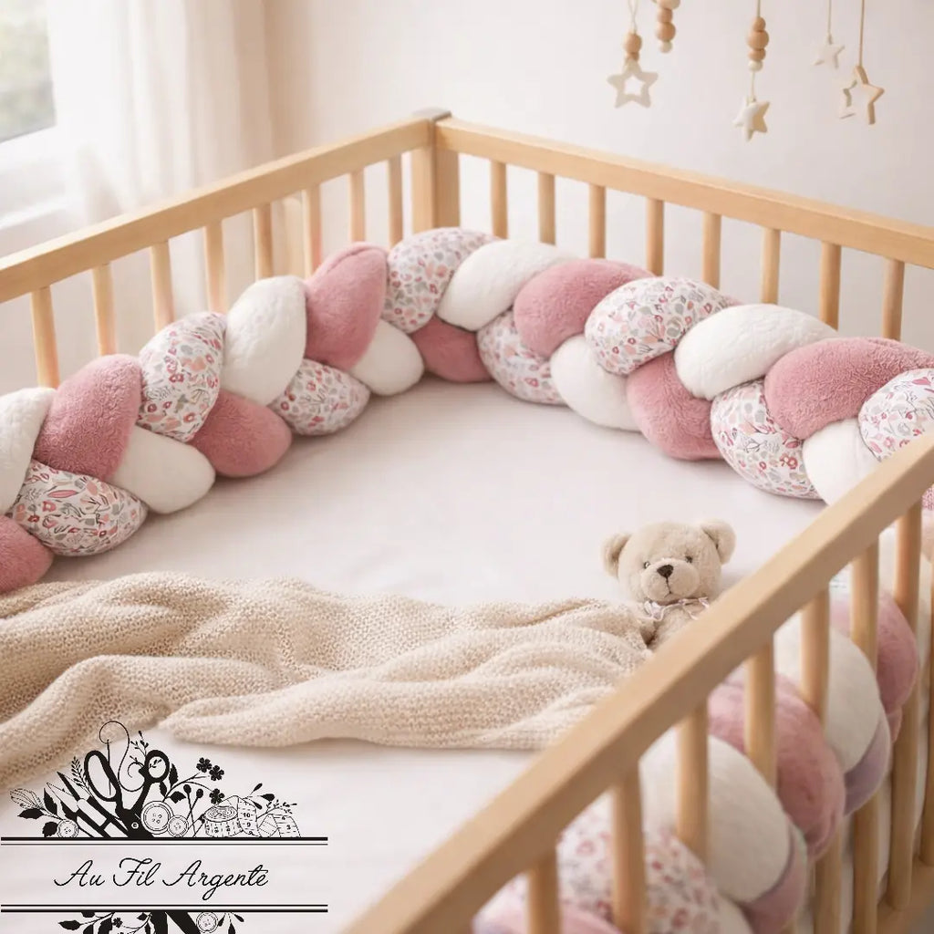 Tresse de lit en 3 épis - Fleurie Alice / Blanc & Rose