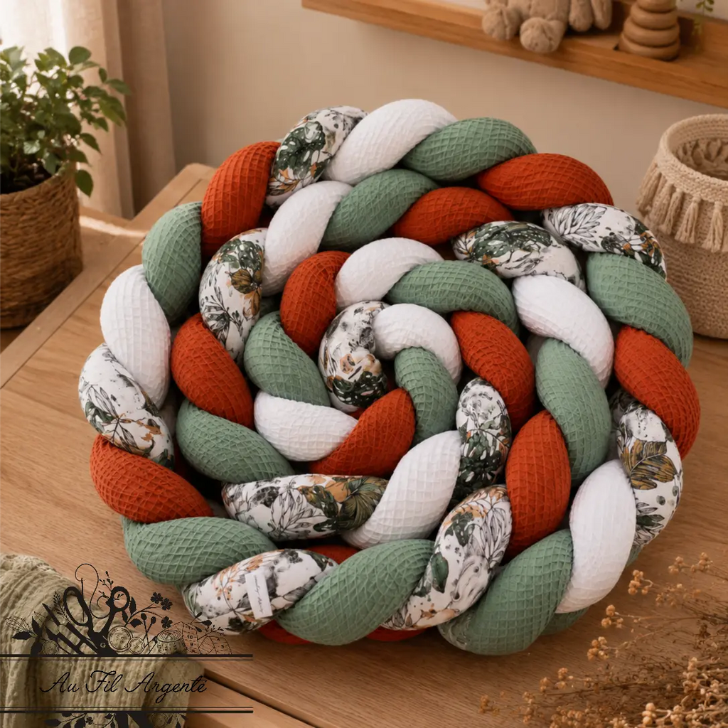 Tresse de lit en 4 épis - Safari / Blanc & Vert & Terracotta