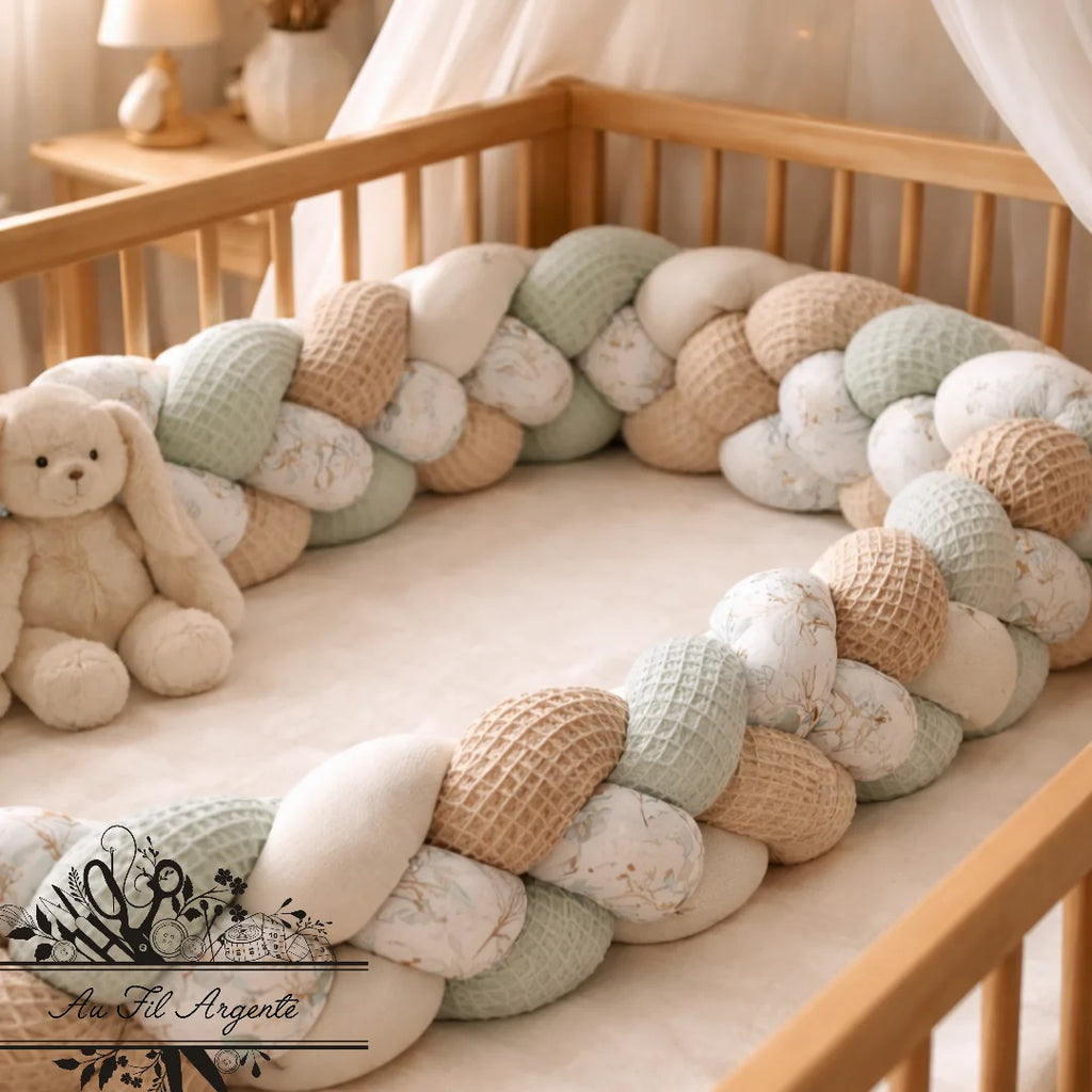 Tresse de lit en 4 épis Jardin vert / Blanc & Beige & Vert