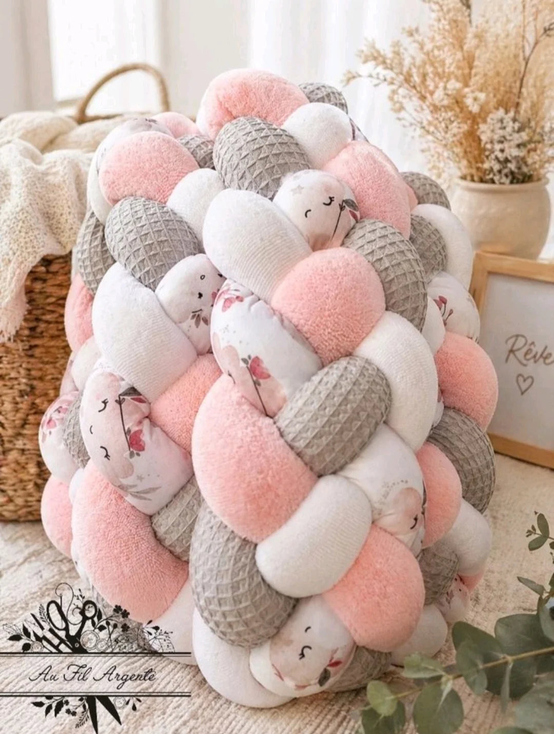 Tresse de lit en 4 épis - Nuage girly / Gris & Blanc & Rose