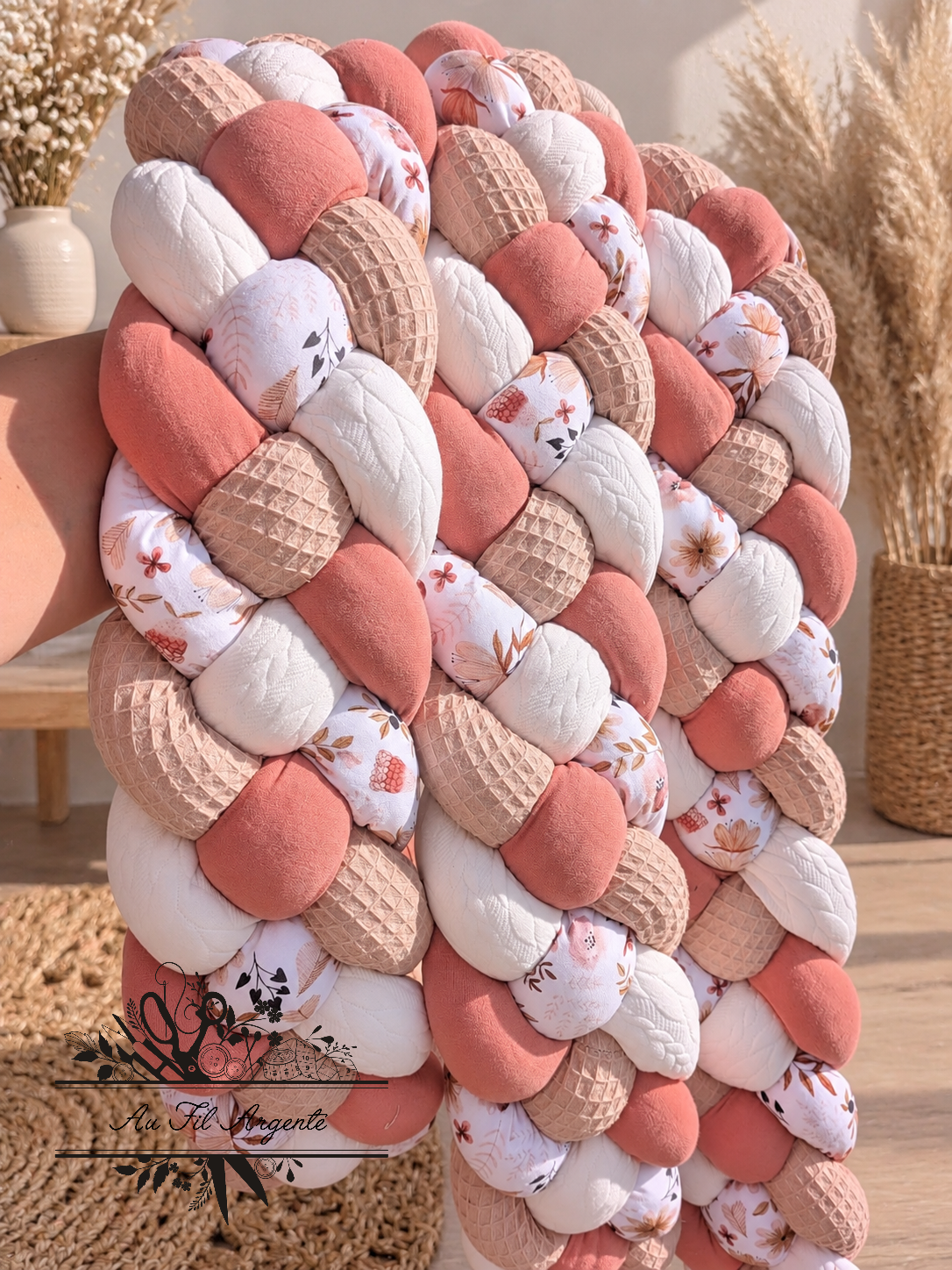 Tresse de lit en 4 épis Fleurie Moody / Blanc & Beige & Marsala