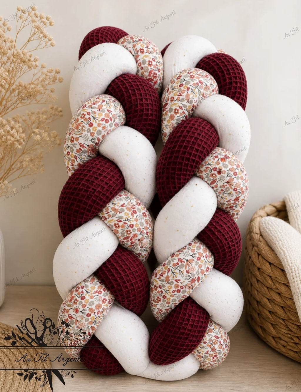 Tresse de lit en 3 épis - Fleurie Alice / Blanc & Bordeaux
