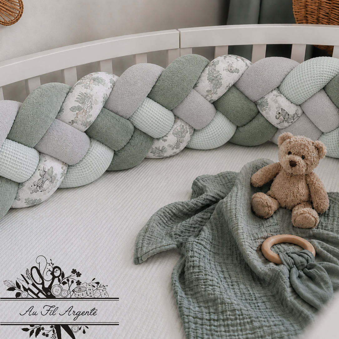 Tresse de lit en 4 épis Safari mignon / Gris et Duo de Vert
