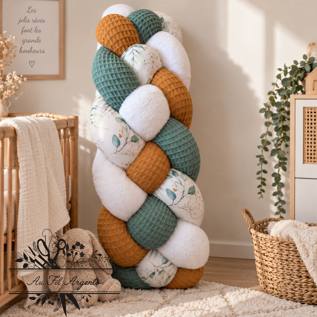Tresse de lit en 4 épis Jardin vert / Blanc & Camel & Vert