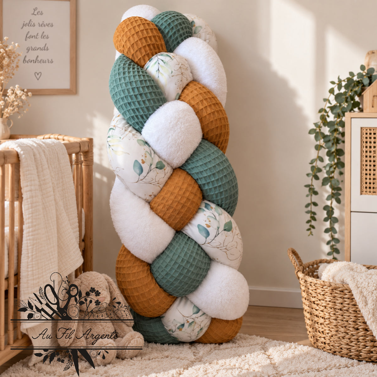 Tresse de lit en 4 épis Jardin vert / Blanc & Camel & Vert
