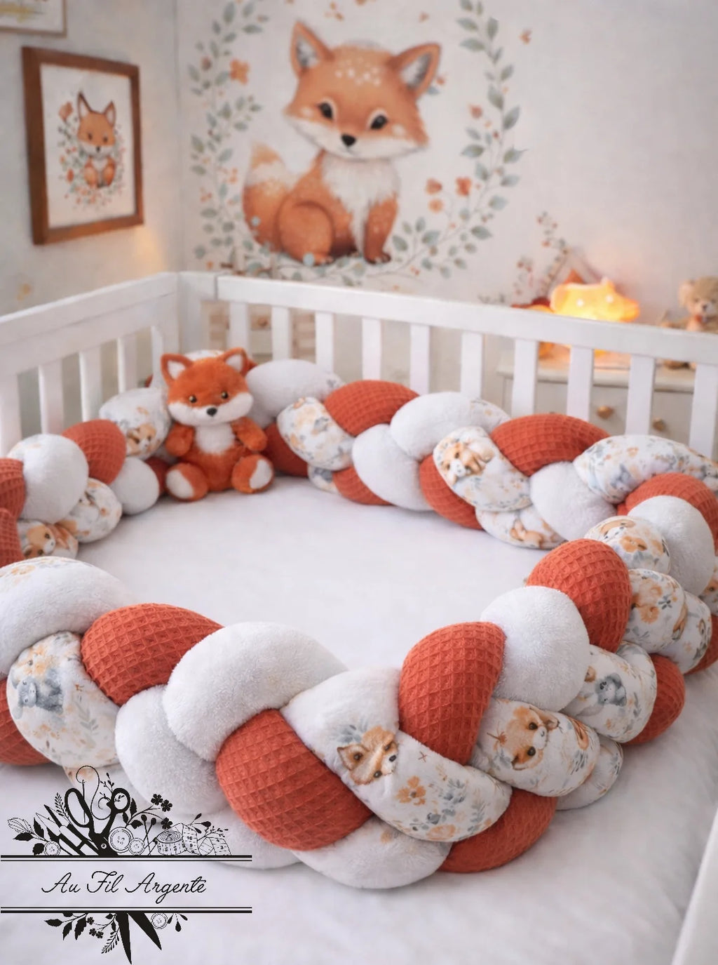 Tresse de lit en 4 épis Renards et Copains d'automne / Blanc et Terracotta