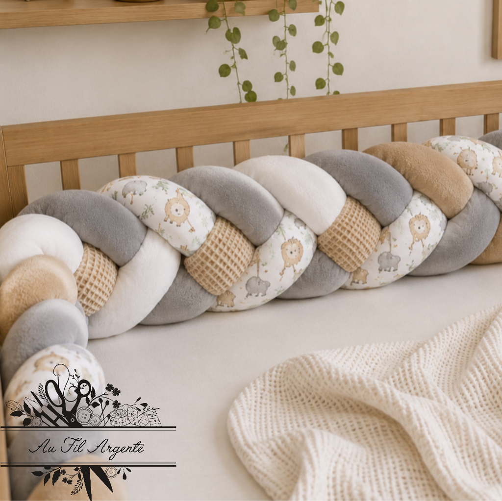 Tresse de lit en 4 épis Safari Bohème / Gris & Beige & Blanc