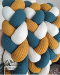 Tresse de lit en 3 épis - Bleu & Blanc & Moutarde