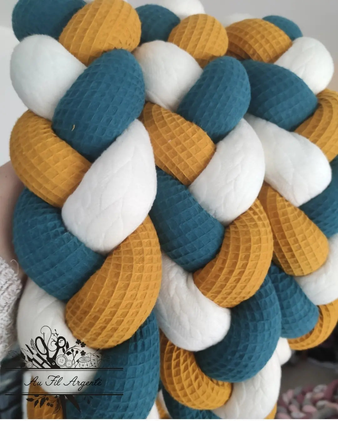 Tresse de lit en 3 épis - Bleu & Blanc & Moutarde
