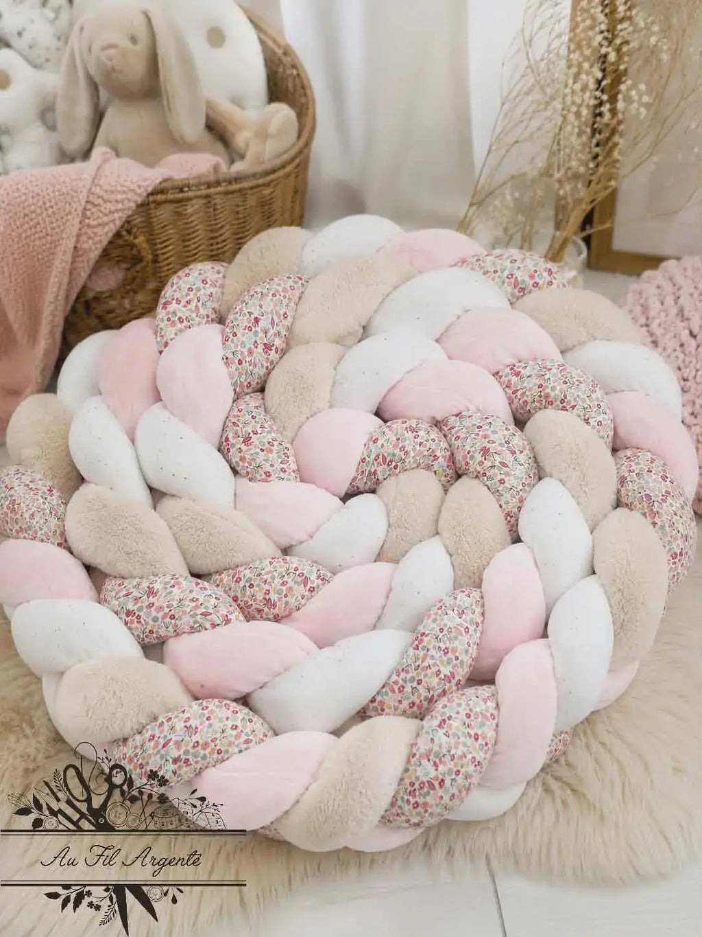 Tresse de lit en 4 épis Fleurie Alice / Blanc & Rose & Beige