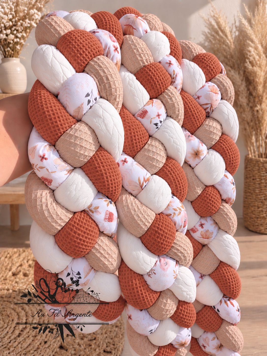 Tresse de lit en 4 épis Fleurie Moody / Blanc & Beige & Terracotta