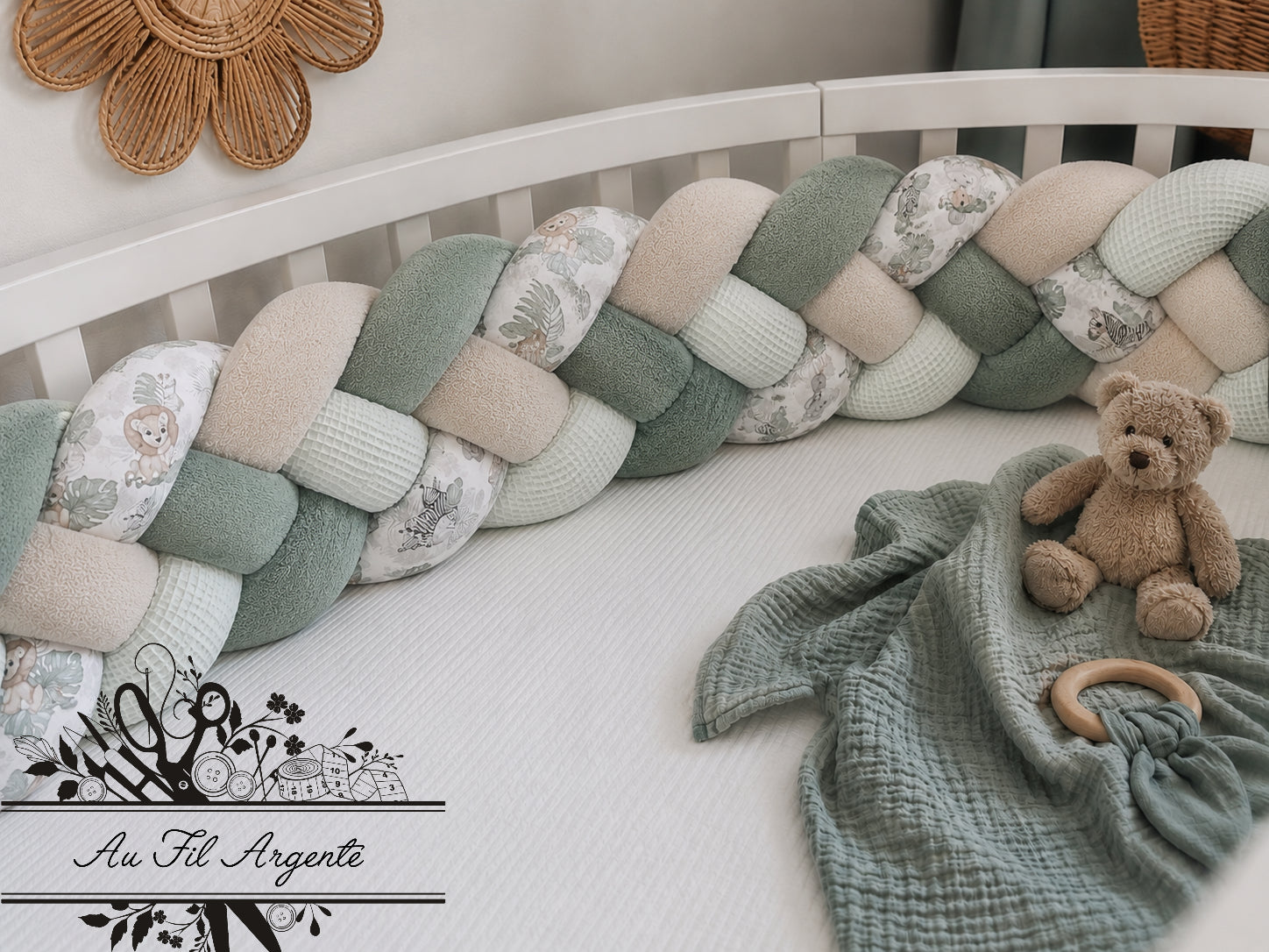Tresse de lit en 4 épis Safari mignon / Beige et Duo de Vert