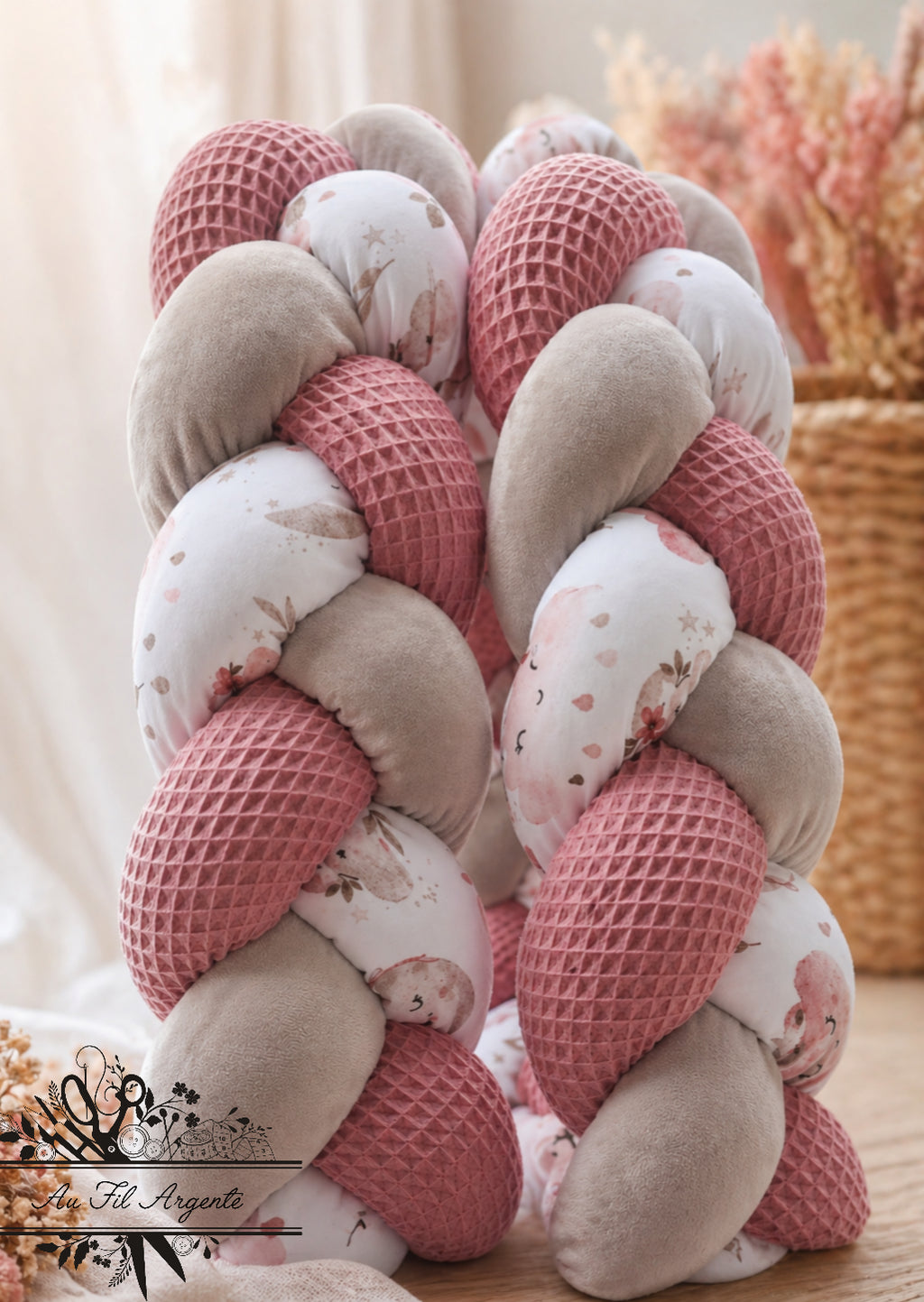 Tresse de lit en 3 épis - Nuage girly / Rose & Gris