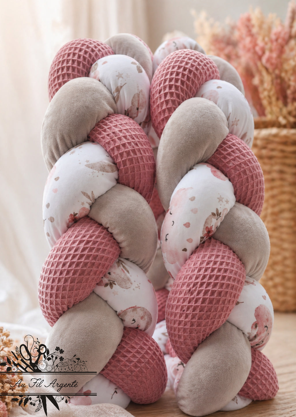 Tresse de lit en 3 épis - Nuage girly / Rose & Gris