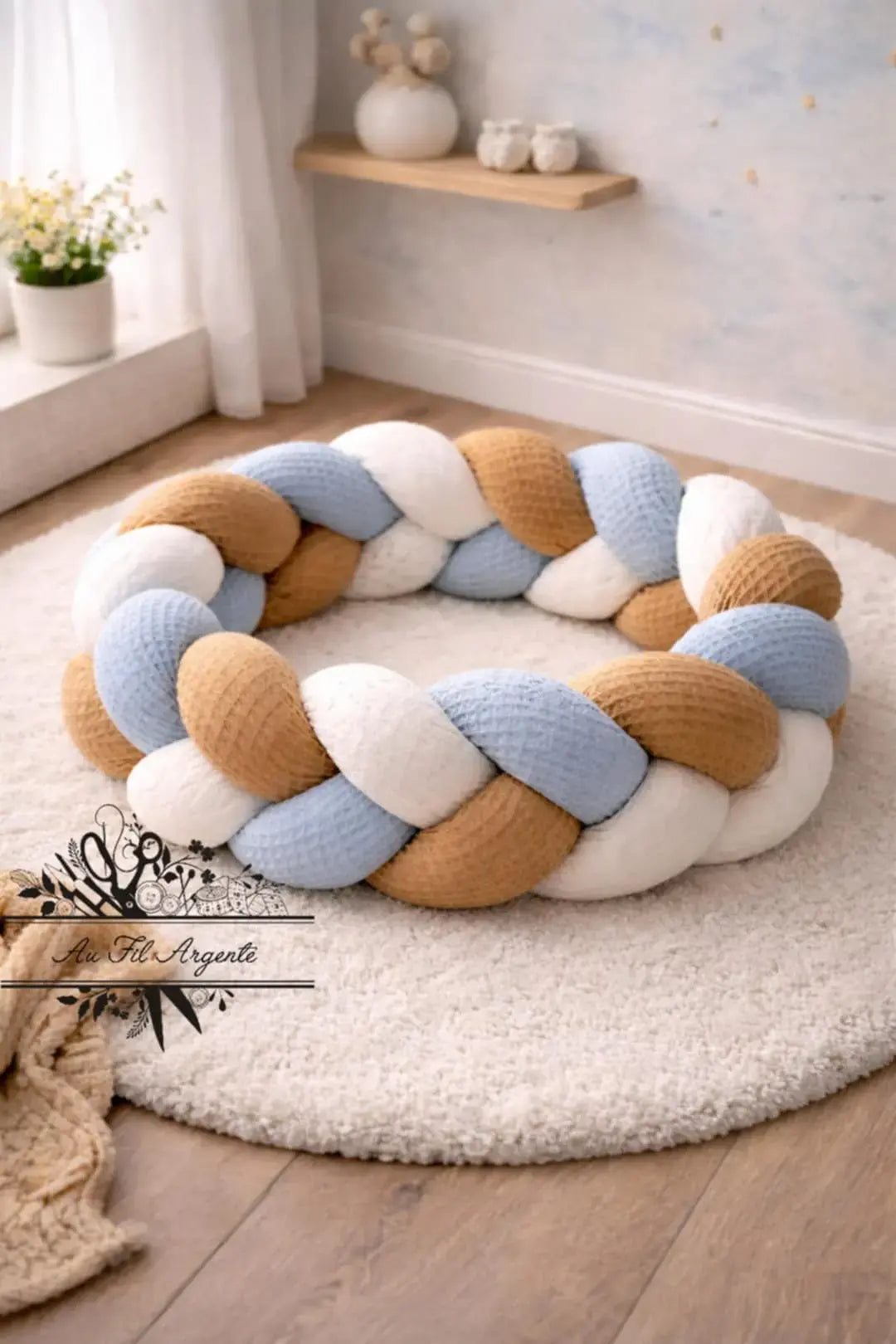 Tresse de lit en 3 épis - Bleu & Blanc & Camel