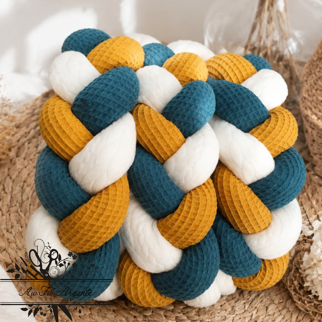 Tresse de lit en 3 épis - Bleu & Blanc & Moutarde