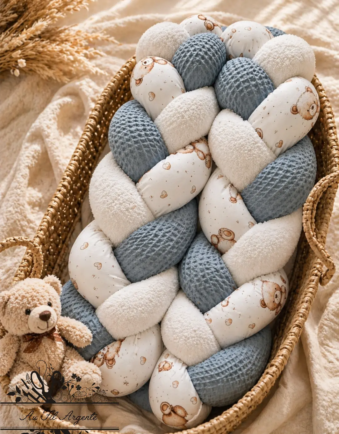 Tresse de lit en 3 épis - Ourson mignon / Bleu