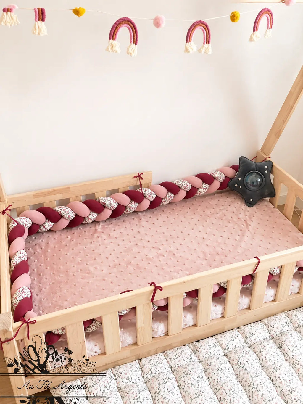 Tresse de lit en 3 épis - Fleurie Alice / Rose & Marsala ou Bordeaux