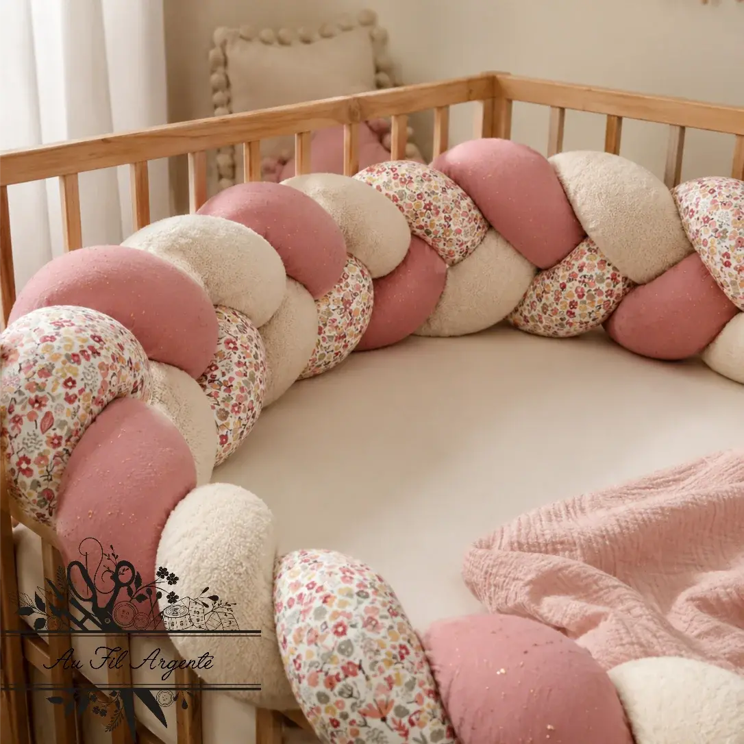 Tresse de lit en 3 épis - Fleurie Alice / Rose & Beige