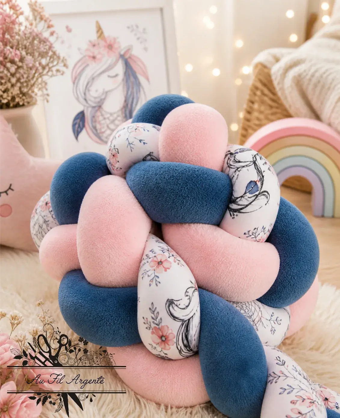 Tresse de lit en 3 épis - Licorne bohème / Rose & Bleu