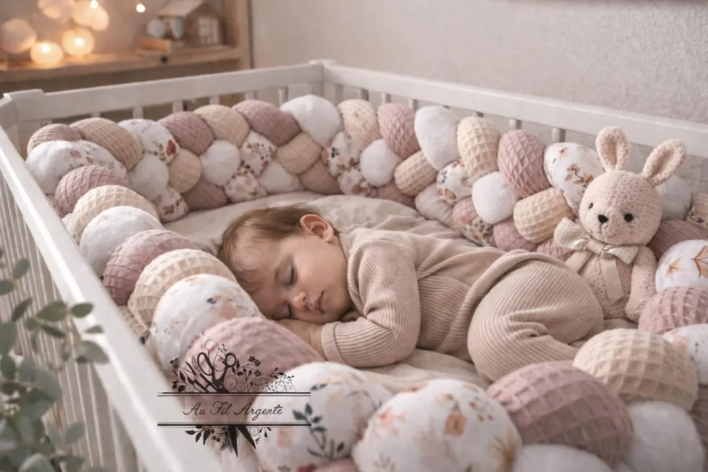 Tresse de lit en 4 épis Fleurie Moody / Blanc & Rose & Beige